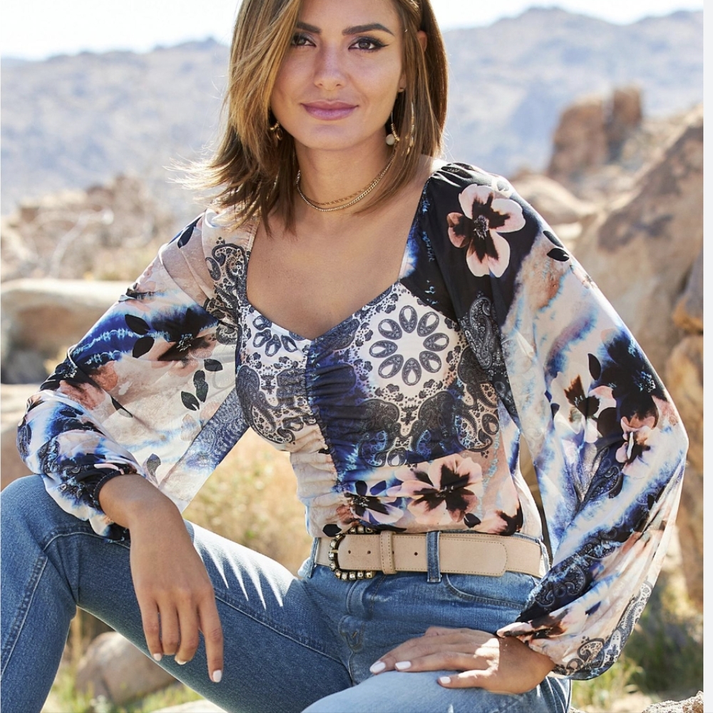Boston Proper Floral Paisley Runched Mesh Top